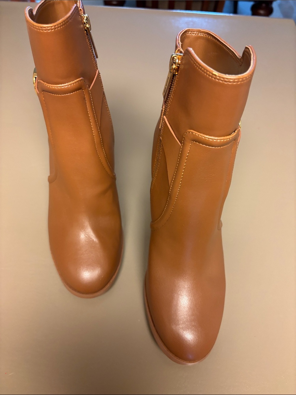Michael Kors Cognac Leather Ankle Booties with Gold Zip